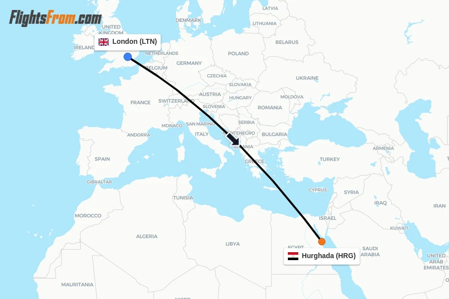 Flights from London to Hurghada route map