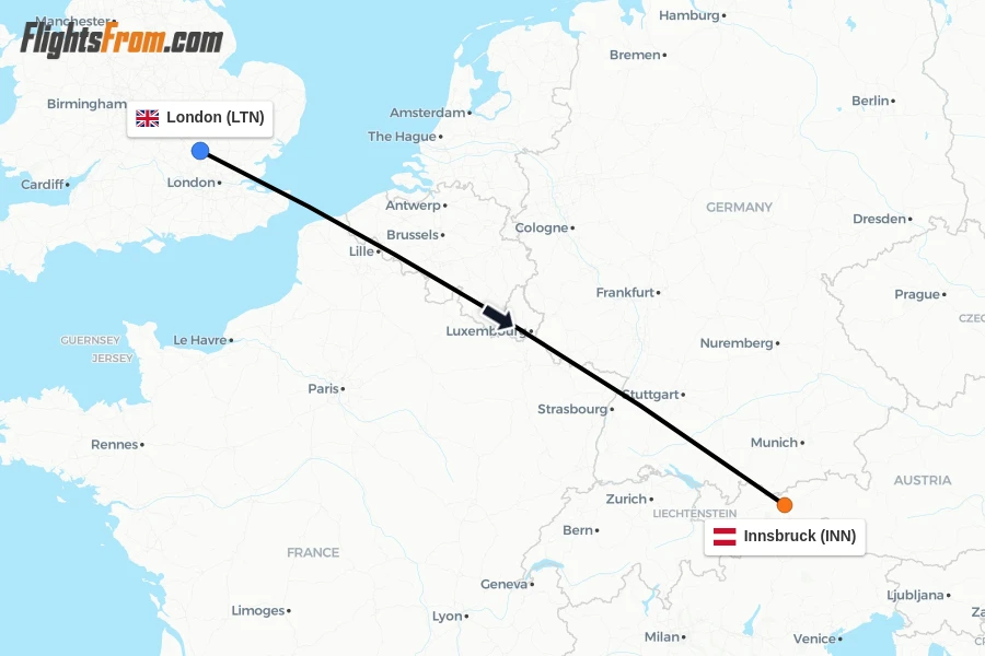 Flights from London to Innsbruck route map