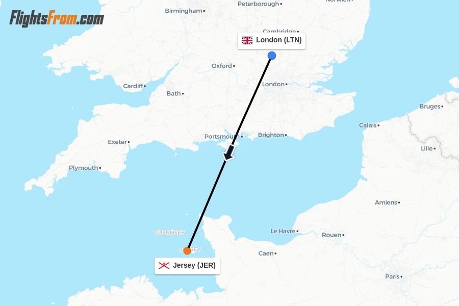 Flights from London to Jersey route map