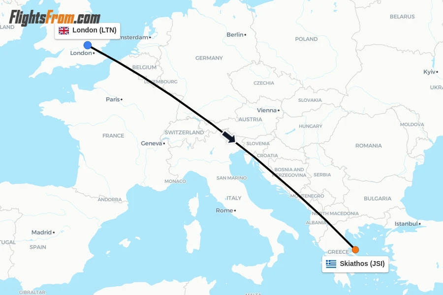 Flights from London to Skiathos route map