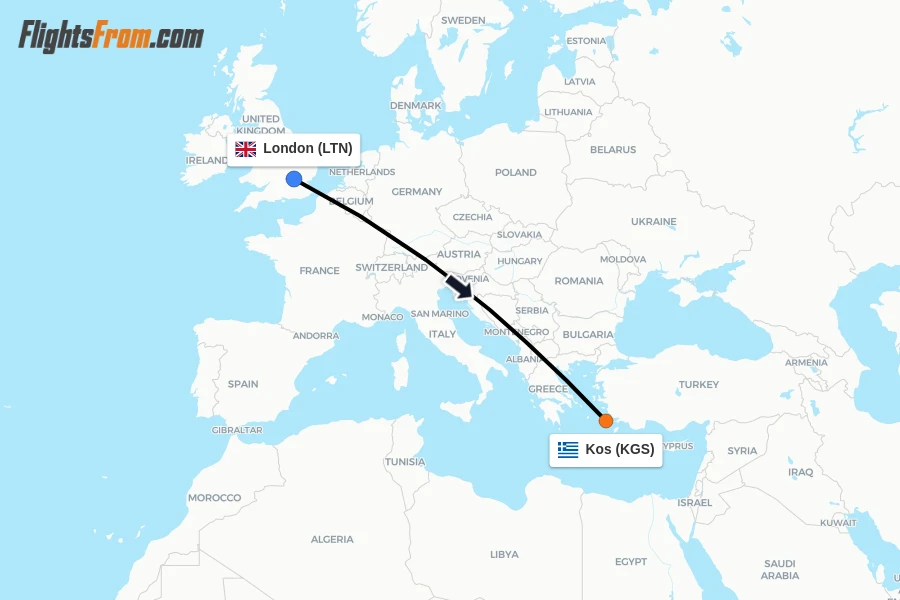Flights from London to Kos route map