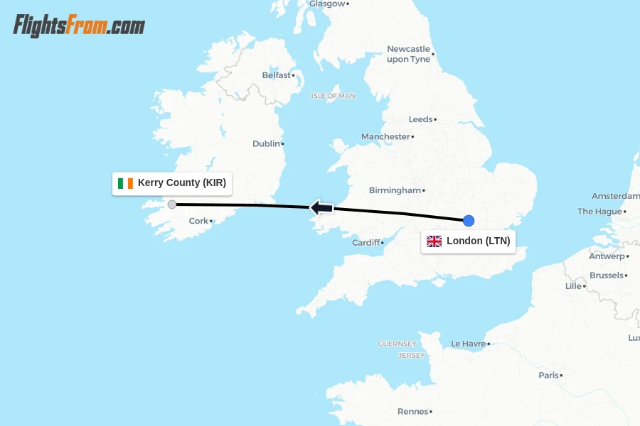 Flights from London to Kerry County route map