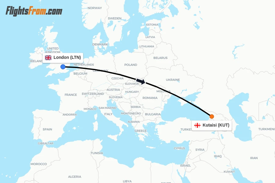 Flights from London to Kutaisi route map