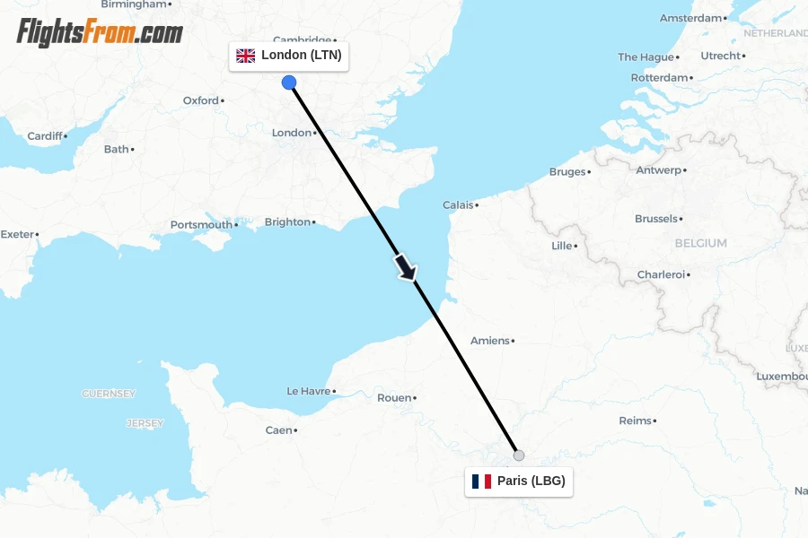 Flights from London to Paris route map