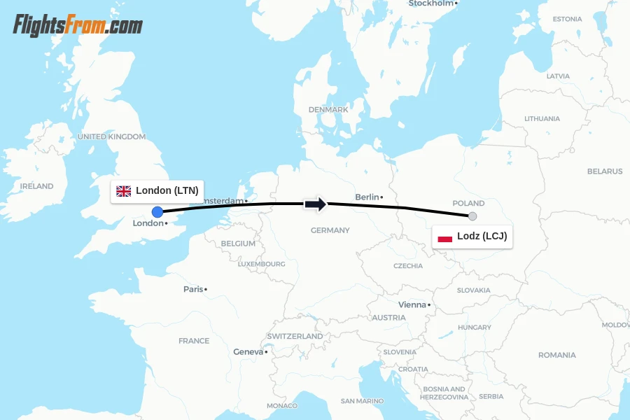 Flights from London to Lodz route map