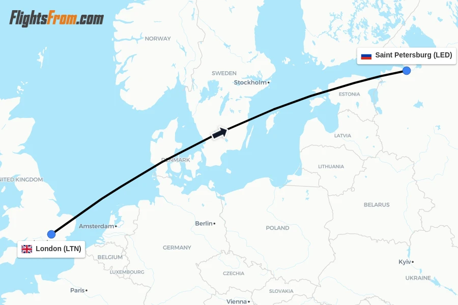 Flights from London to Saint Petersburg route map