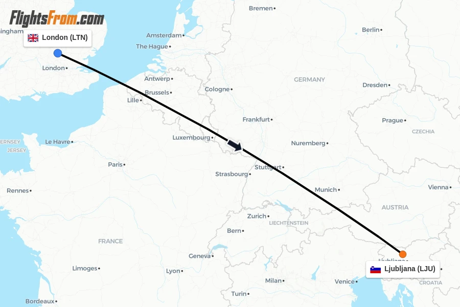Flights from London to Ljubljana route map
