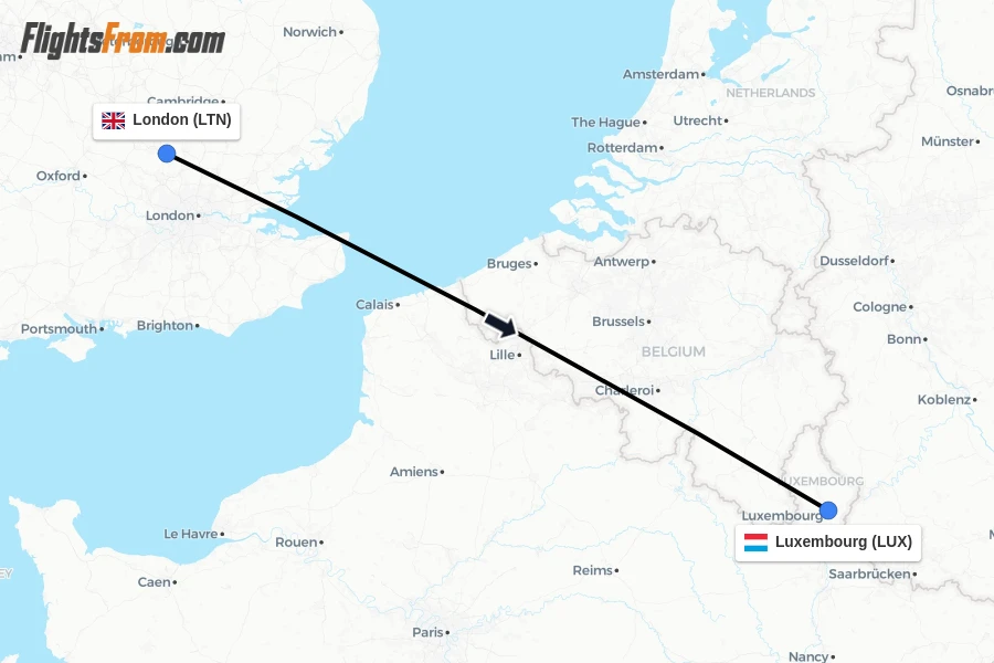 Flights from London to Luxembourg route map