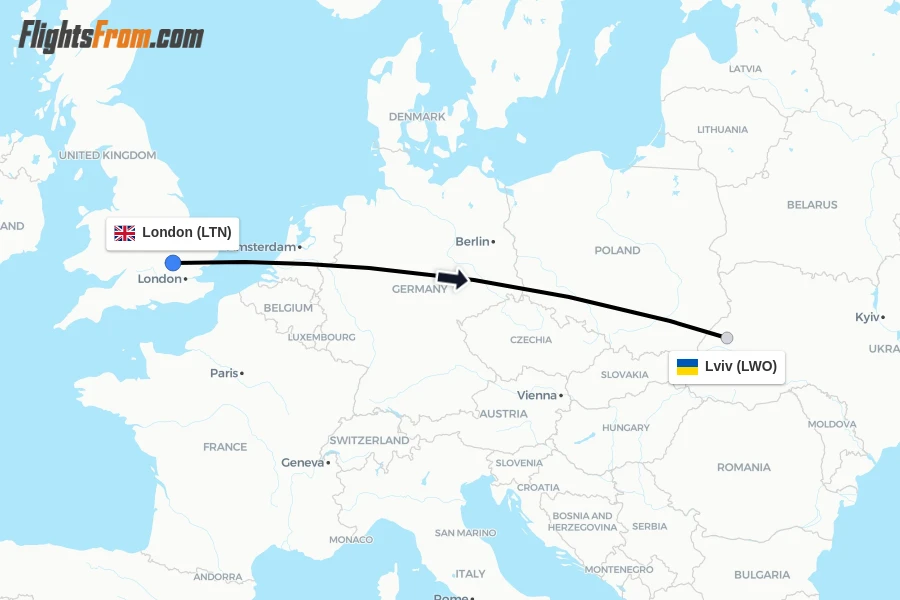 Flights from London to Lviv route map