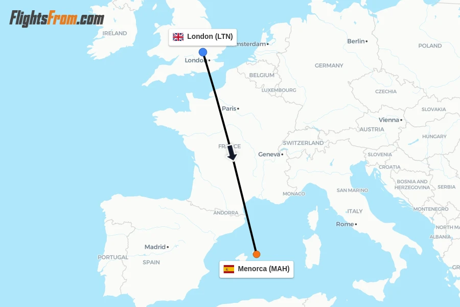 Flights from London to Menorca route map