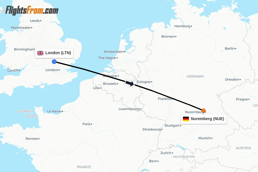 Flights from London to Nuremberg route map
