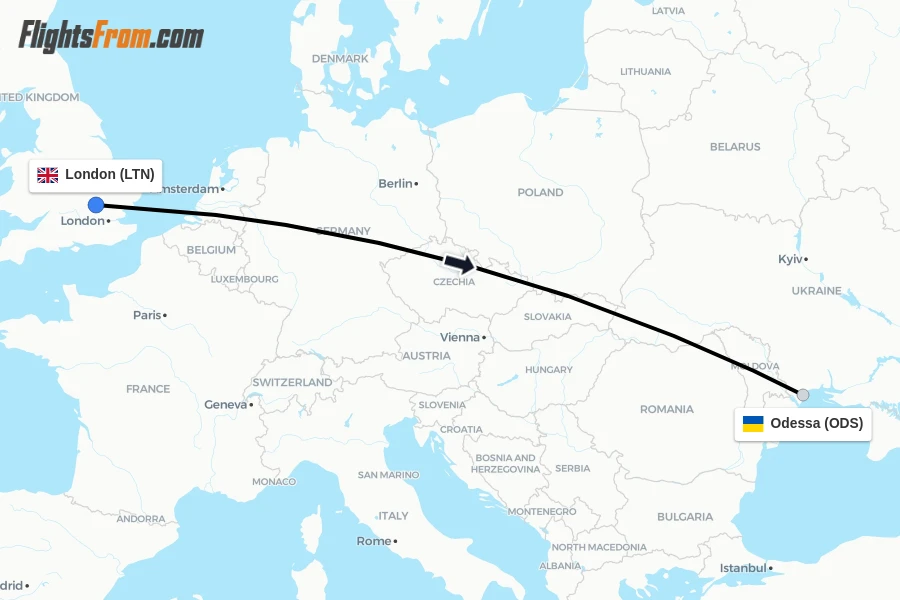 Flights from London to Odessa route map