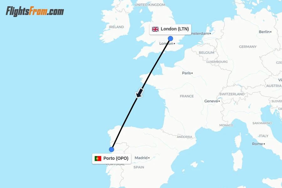 Flights from London to Porto route map