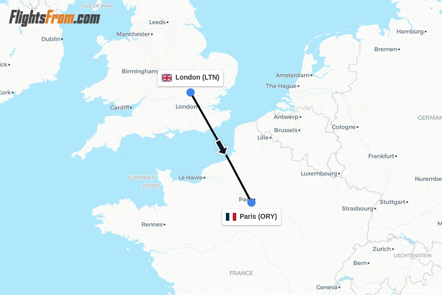 Flights from London to Paris route map