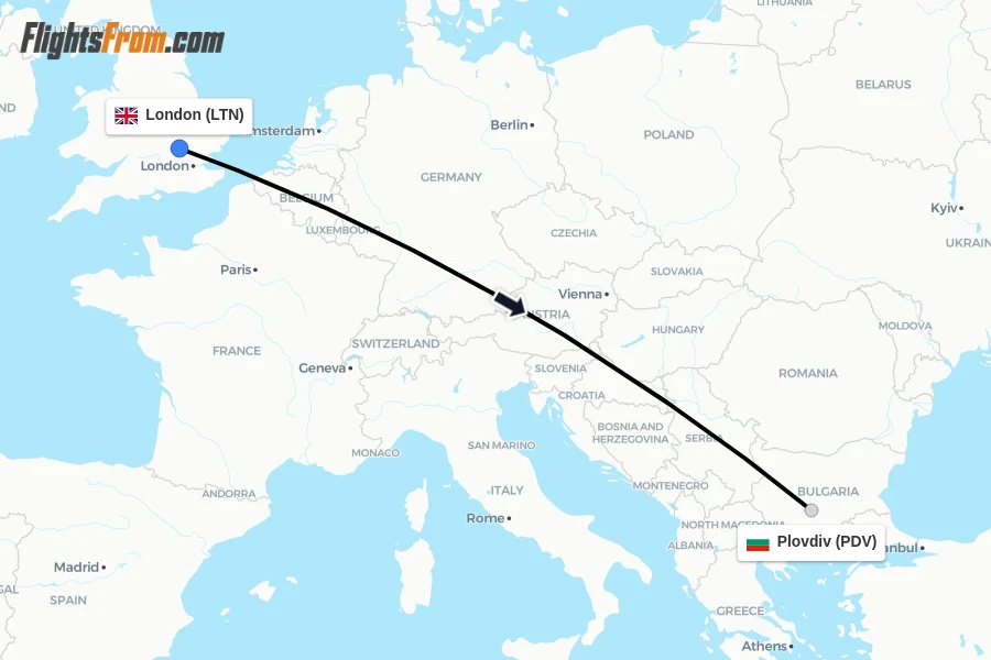 Flights from London to Plovdiv route map