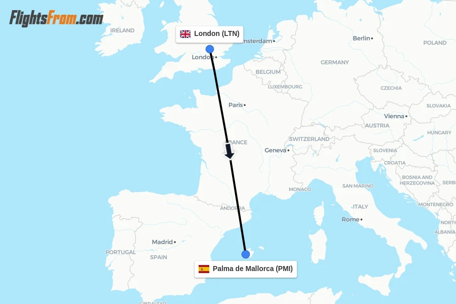 Flights from London to Palma de Mallorca route map
