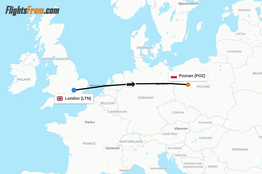 Flights from London to Poznan route map