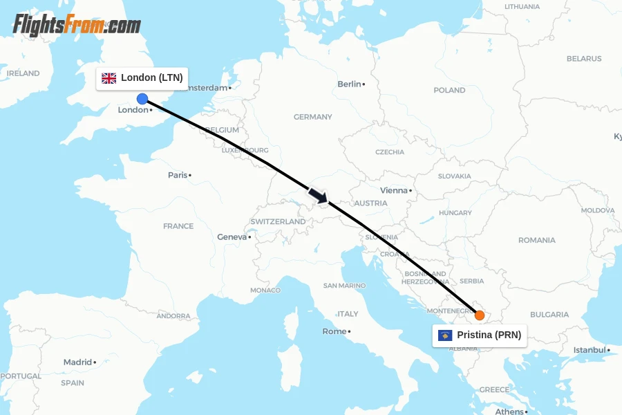 Flights from London to Pristina route map