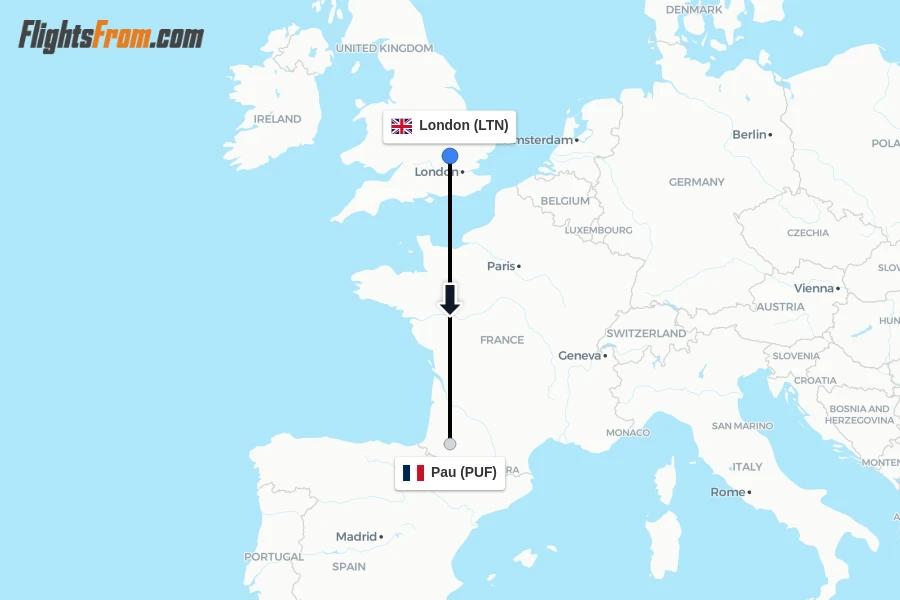 Flights from London to Pau route map
