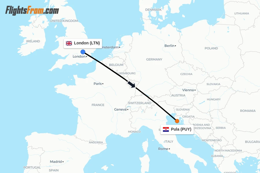 Flights from London to Pula route map