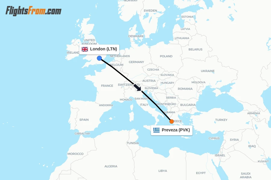 Flights from London to Preveza route map