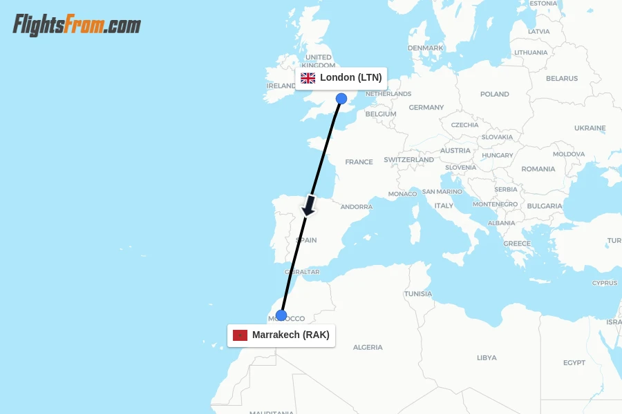 Flights from London to Marrakech route map