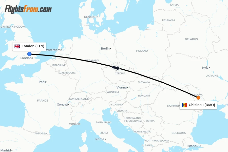 Flights from London to Chisinau route map