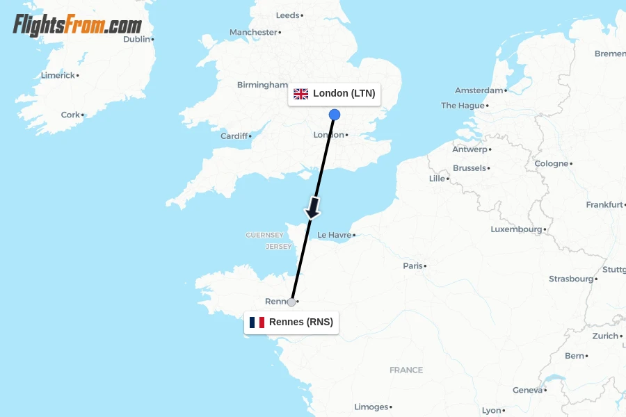 Flights from London to Rennes route map