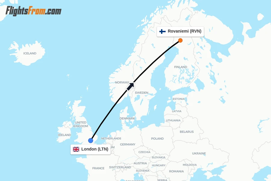 Flights from London to Rovaniemi route map