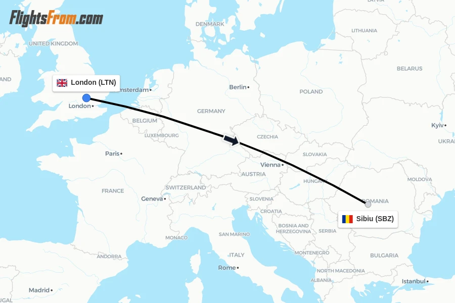 Flights from London to Sibiu route map