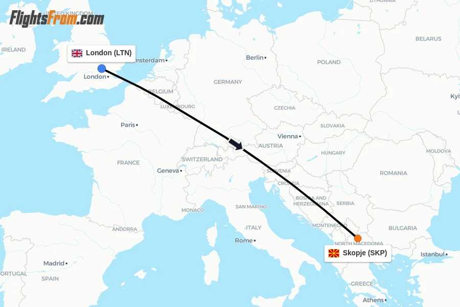 Flights from London to Skopje route map