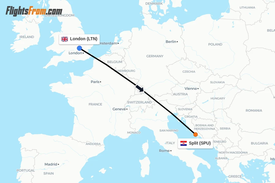 Flights from London to Split route map