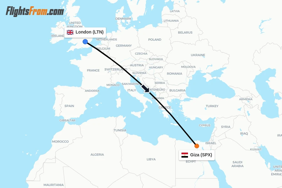 Flights from London to Giza route map