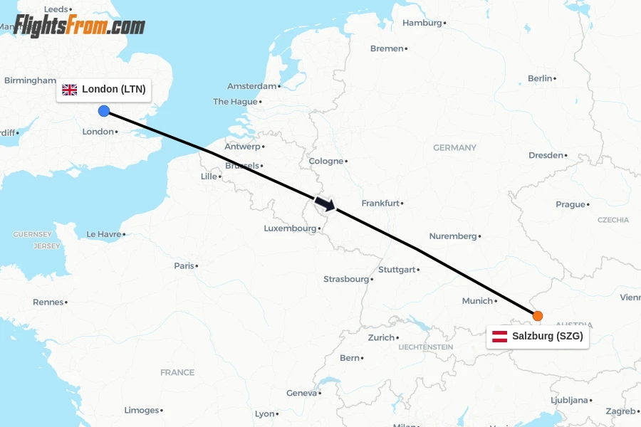 Flights from London to Salzburg route map