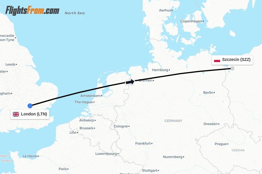 Flights from London to Szczecin route map