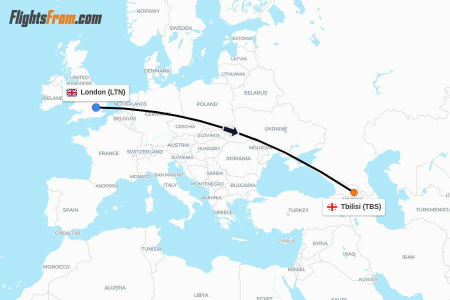 Flights from London to Tbilisi route map