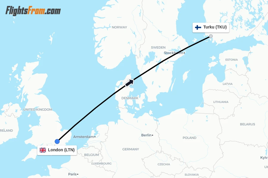 Flights from London to Turku route map
