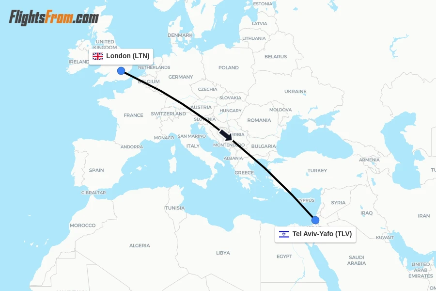 Flights from London to Tel Aviv-Yafo route map