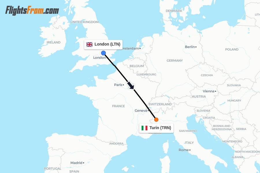 Flights from London to Turin route map