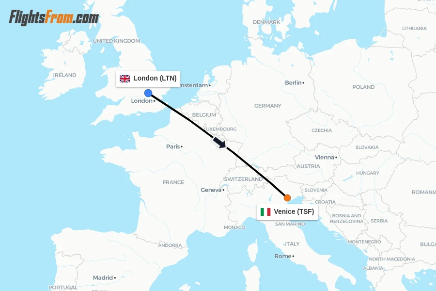 Flights from London to Venice route map