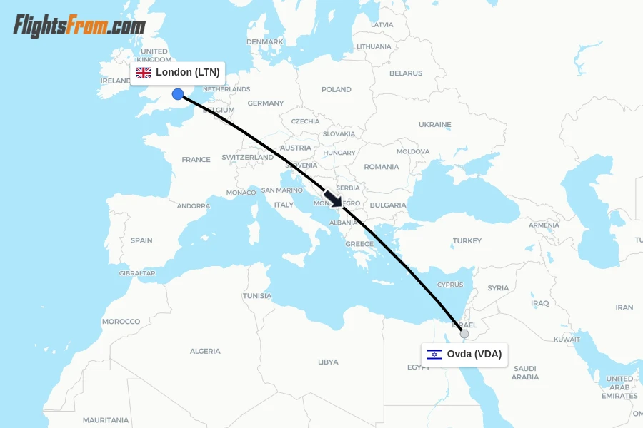Flights from London to Ovda route map