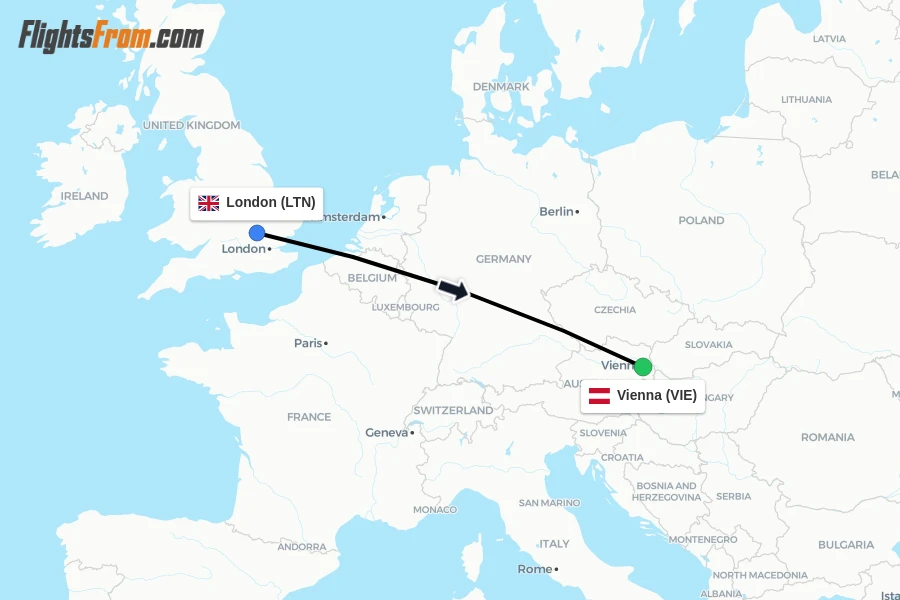 Flights from London to Vienna route map