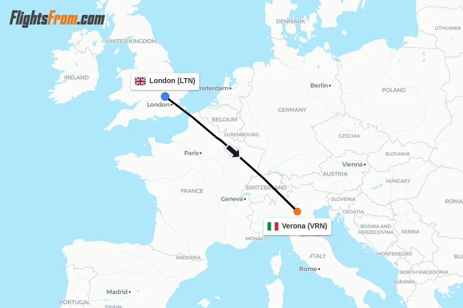 Flights from London to Verona route map