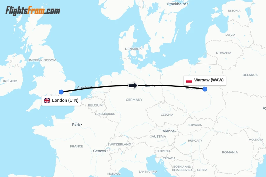 Flights from London to Warsaw route map