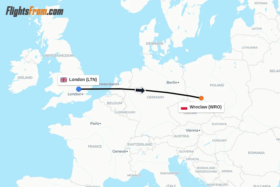 Flights from London to Wroclaw route map