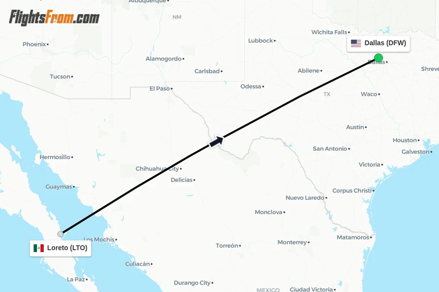 Flights from Loreto to Dallas route map