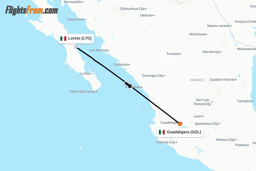 Flights from Loreto to Guadalajara route map