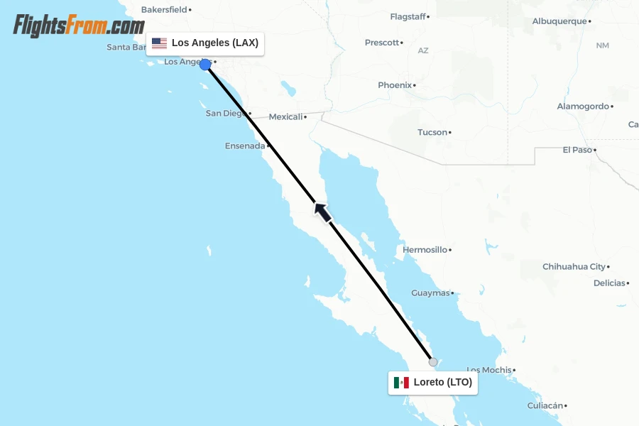 Flights from Loreto to Los Angeles route map