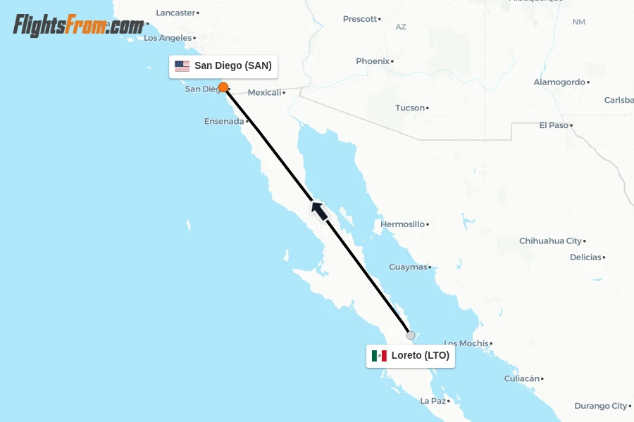 Flights from Loreto to San Diego route map