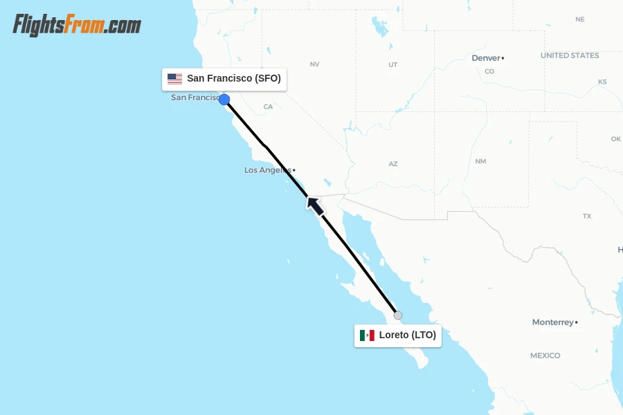 Flights from Loreto to San Francisco route map